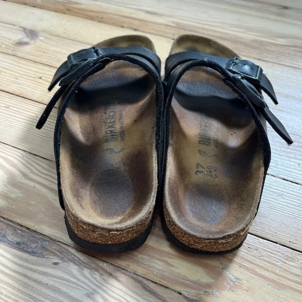 Birkenstock Arizona Black Leather Two Strap Sandals Slides boho 37 L6 neutral - Picture 6 of 9